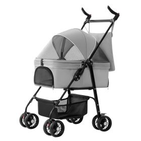 4 Wheels Pet Stroller Foldable Carrier Strolling Cart Travel Jogger Pet Stroller with Removable Liner Storage Basket for Dog (Option: Grey)