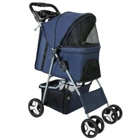 4 Wheels Pet Stroller Foldable Carrier Strolling Cart Travel Jogger Pet Stroller with Removable Liner Storage Basket for Dog (Option: blue)