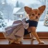 Holiday Dog Harness Dress - Black Velvet with Gray Snowflake Skirt