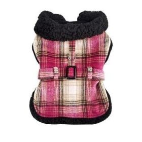 Sherpa-Lined Dog Harness Coat - Hot Pink & Tan Plaid (Option: Medium)
